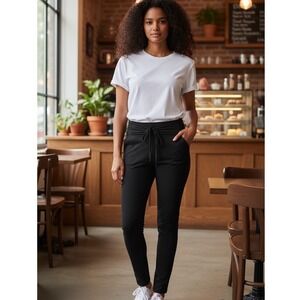 Black High Waisted Ruched Waistband Joggers Tapered Leg Drawstring Yoga Pants XL